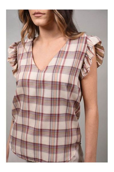 FASHIONLAND Nimble Beige Multicolor Checkered T-Shirt One Size