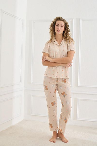 Kompedan Γυναικείο Σετ Πυτζάμες με μοτίβο Polo Collar Lycra |   Μπεζ 70110-858