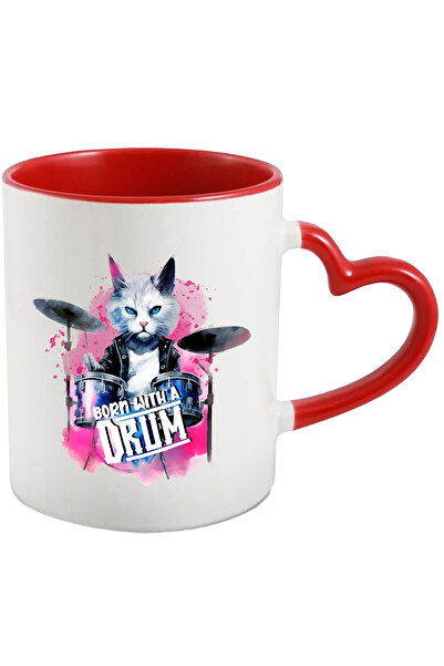 StoryGift Romania Cana Cu Pisica Baterista Cu Mesajul "born With A Drum", Bate La Tobe, Nascuta Cu, Cu ,stg