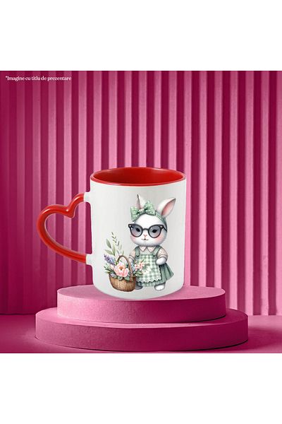 StoryGift Romania Mug with a bunny in a dress, illustration, basket with popcorn, bow, glasses, With ,STG