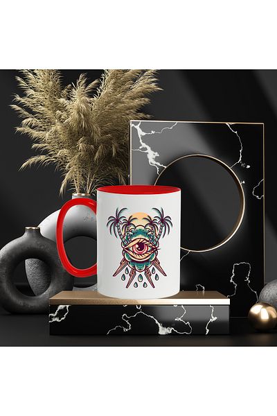 StoryGift Romania Mug With Eyes, Palm Trees, Coconuts, Sun, Rain, Lightning, Multicolor 330 ml,, With ,STG