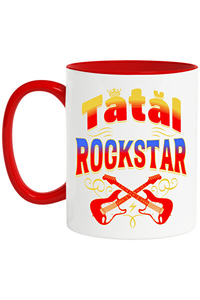StoryGift Romania Cana Tatal Rockstar, Muzician, Familie, Iubire, 330ml, Ceramic Cu Maner Rosu, Cu Mane,stg