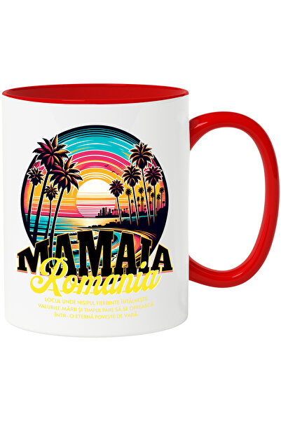 StoryGift Romania Cana Plaja Din Mamaia, Romania, 330ml, Ceramic Cu Maner Rosu, Cu Maner Rosu Stg ,stg ,stg