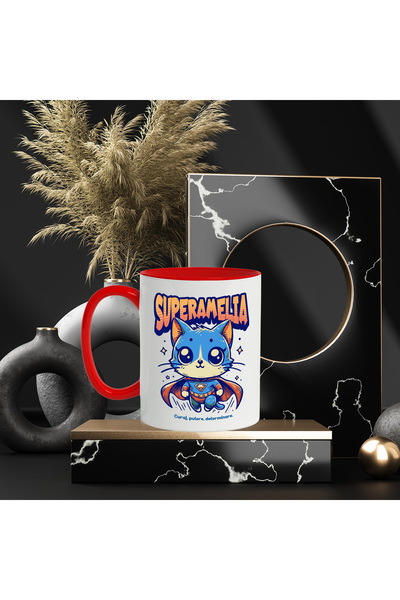StoryGift Romania Super Amelia Mug, Superhero, Flying Cat, 330ml, Ceramic with Red Handle, With Handle, STG.
