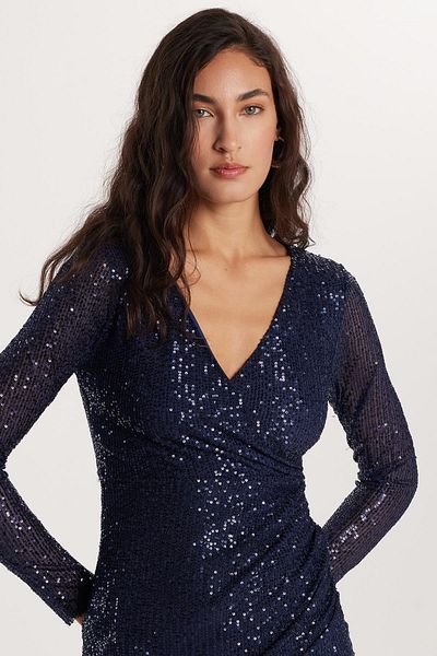 Tudors Rochie de damă, slim fit, cu mânecă lungă, albastru bleumarin, cu decolteu în V