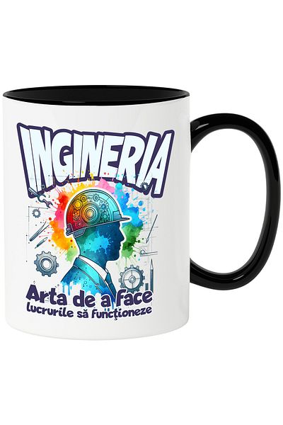 StoryGift Romania Cana Silueta Barbat Cu Casca Protectie Text Ingineria, 330ml, Ceramica Cu Maner , Cu ,stg