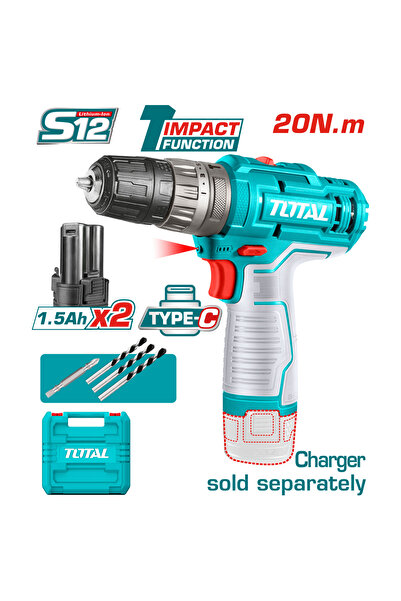 TOTAL دريل بطارية رجاج 12v 20n.m شنطة بلاستيك مع بطارية اضافية و شاحن