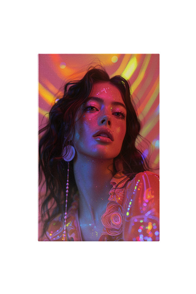 StoryGift Romania Tablou Canvas: Sweet Girl Sclipicioasa Cu Cercei Lungi Intr-o Lumina Roz Cu O Jacheta Latex Pi