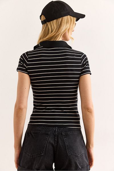 Olalook Women's Black Polo Neck Striped Stretchy Blouse Blz-19002992