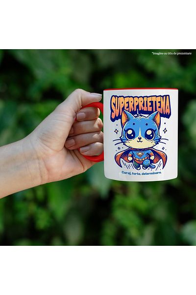 StoryGift Romania Super Friend Mug, Superhero, Flying Cat, 330ml, Ceramic with Red Handle, With Handle, STG