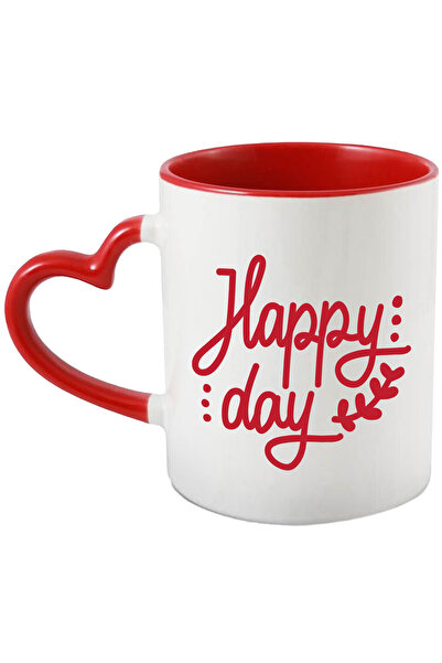 StoryGift Romania Cana Cu O Urare In Engleza "happy Day" - Zi Fericita Cu Maner Inima Rosie, Cu Maner I,stg