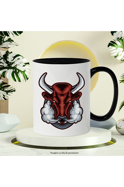 StoryGift Romania Mug With Bull Head, Animal, Smoke, Horns, Emblem, Multicolor 330 ml, Ceramic c, With ,STG.
