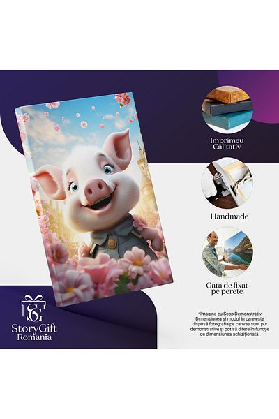 StoryGift Romania Tablou Canvas: Baby Pig Micuta Purcelusa Cu Ochii Stralucitori Cu Chipul Fericit Si Floricele