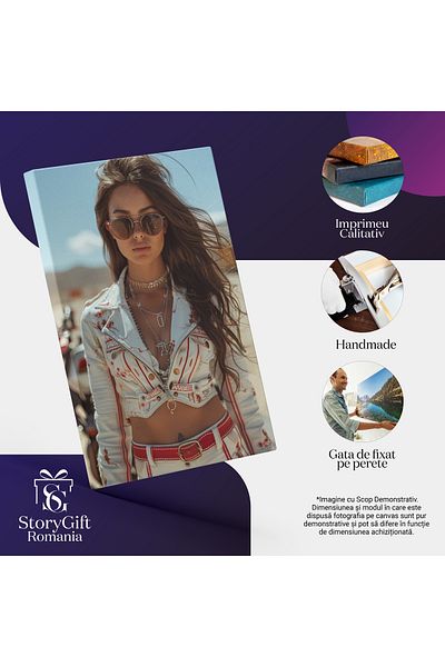 StoryGift Romania Tablou Canvas Iubitoare De Motociclete In Jacheta Si Pantaloni Alb Si Ochelari Cu Lanturi Si C