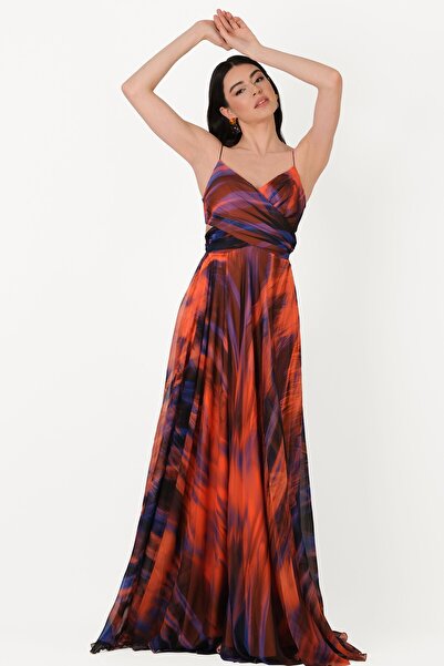 Spazio Raccosta V Yaka Yırtmaçlı Bel Yanlar Açık Uzun Abiye Elbise ORANJ