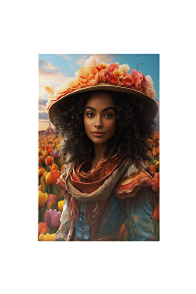 StoryGift Romania Tablou Canvas: Femeie Afro Cu Pălărie Și Fundal Cu Lalele- ...