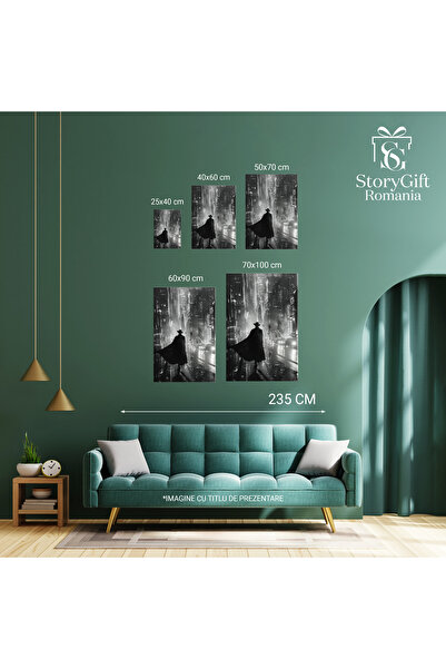 StoryGift Romania Tablou Canvas: Detectivul Din Umbră Cu Manta Și Pălărie În Orașul Modern Aglomerat Alb Și Negru