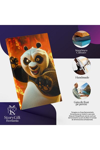 StoryGift Romania Tablou Canvas: Kung Fu Panda Urs Cu Ochii Verzi Si Flari In Spatele Lui Practica Arte Martiale