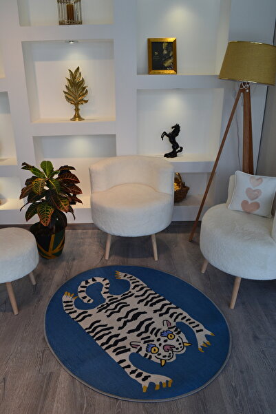 RUGSMODERN Mira 807 Kaplan Desen Mavi Dekoratif Kaymaz Taban Çap Yıkanabilir Halı