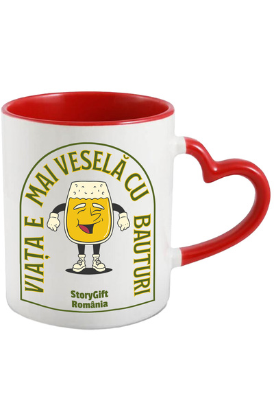 StoryGift Romania Cana Viata E Mai Vesela Cu Bauturi Pahar Cu Bere, 330ml, Ceramica Cu Maner Inim, Cu ,stg