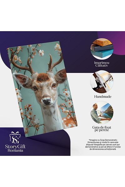 StoryGift Romania Tablou Canvas Între Crenguțe Cu Flori Albe Micul Cerbul Elegiac În Liniștea Naturii , Pictura D