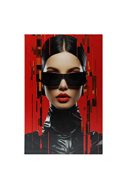 StoryGift Romania Tablou Canvas: Femeie Cu Ochelari In Stil Futurist - Fundal Rosu Diferite Figuri Geometrice Pi