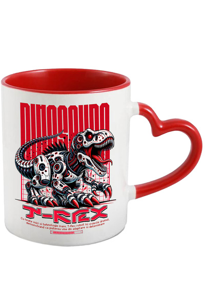 StoryGift Romania Cana Dinozaur T-rex Robot In Actiune, 330ml, Ceramica Cu Maner Inima Rosie, Cu Maner ,stg