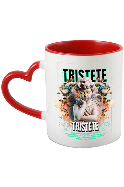 StoryGift Romania Cana Ingerul Trist - Tristete, 330ml, Ceramica Cu Maner Inima Rosie, Cu Maner Inima R,stg