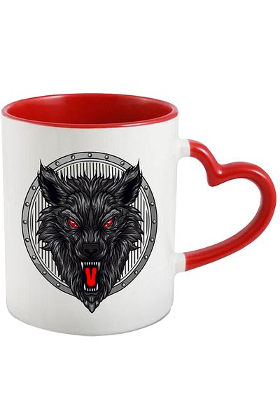 StoryGift Romania Cana Cu Cap De Lup, Scut, Colti, Multicolor 330 Ml, Ceramica Cu Maner Inima Rosi, Cu ,stg