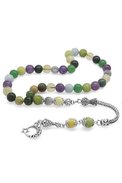 Tesbihane Non-Tarnish Metal Tasseled Globe Cut Multi Natural Stone Combination Healing Rosary