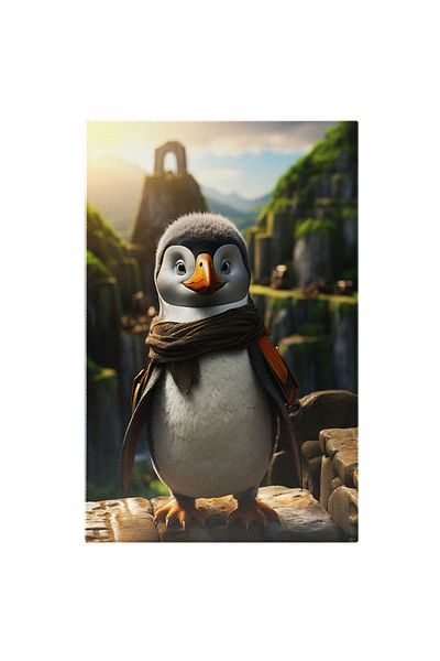 StoryGift Romania Tablou Canvas: Penguin Walk Alb Si Albastru Cu Esarfa La Gat Si Ochii Mici Cu Ghiozdan In Spat