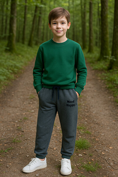 AYYBUU 3 Iplik Şardonlu Unisex Çocuk Eşofman Altı Mood Happy 3 - 12 Yaş