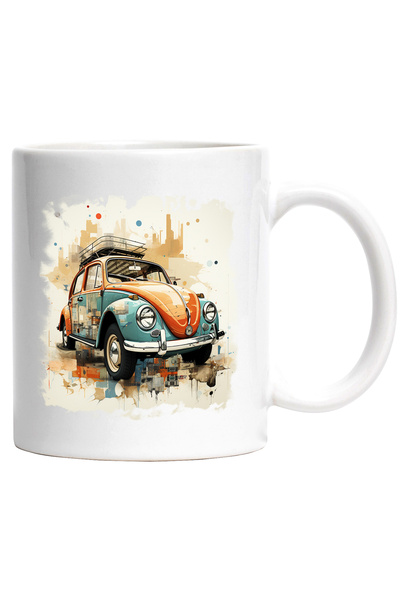 StoryGift Romania Cana Cu Masina, Retro, Vintage, Ilustratie, Faruri, Multico...