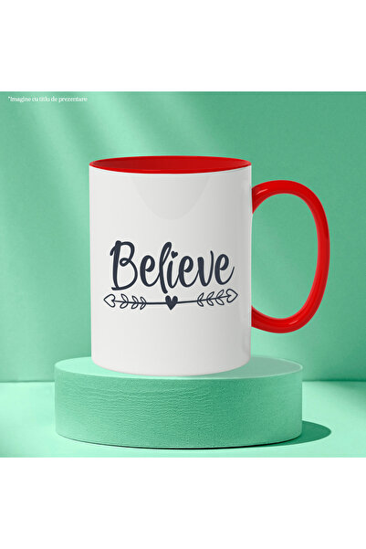 StoryGift Romania Mug with hearts and the text "Believe" - believe hope with Red Handle, With Red Handle S,STG.