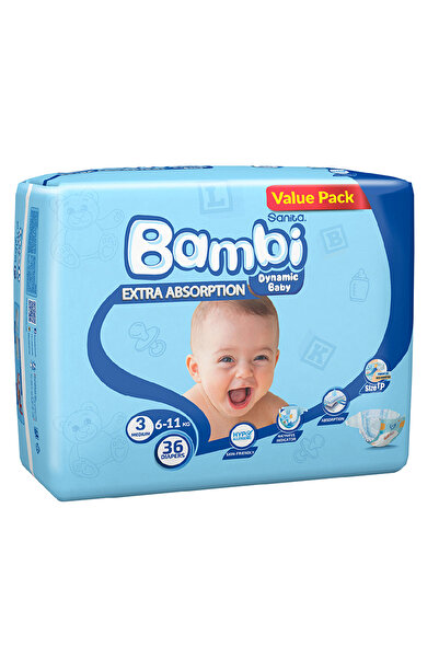 Bambi Baby Diaper Value Pack Size 3 Medium 6-11 kg 36 pcs Ultra-Dry Comfort with Leak Protection System