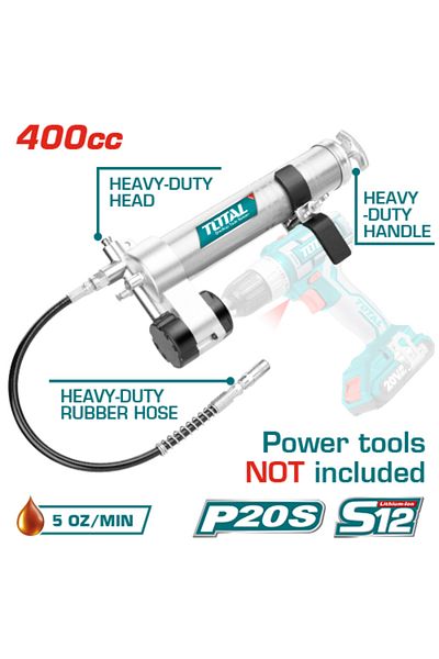 TOTAL Drill mounted grease gun, 20v 400cc battery, without battery and charger