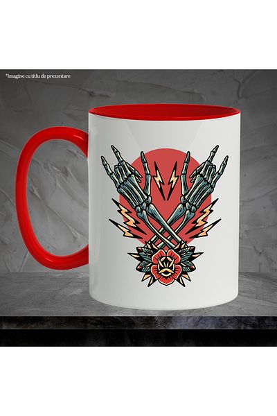StoryGift Romania Mug With Hands, Skeleton, Lightning, Rock, Flower, Leaves, Multicolor 330 ml, Ceramic, With