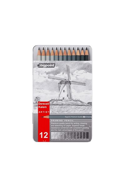 Bigpoint 12 Different Grade Pencil Set - with Metal Carrying Box, for Pencil and Technical Drawing