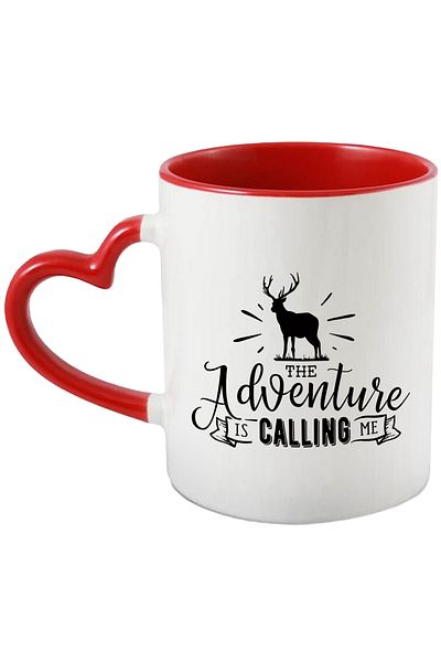 StoryGift Romania Cana Cu Un Cerb Si Mesajul "aventura Ma Cheama" Cu Maner Inima Rosie, Cu Maner Inima ,stg