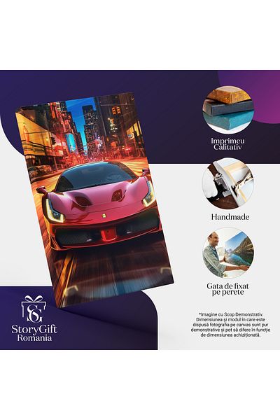 StoryGift Romania Tablou Canvas: Ferrari Rosu Mergand Cu Viteza - Oras Limita De Viteza Pictura Digitala