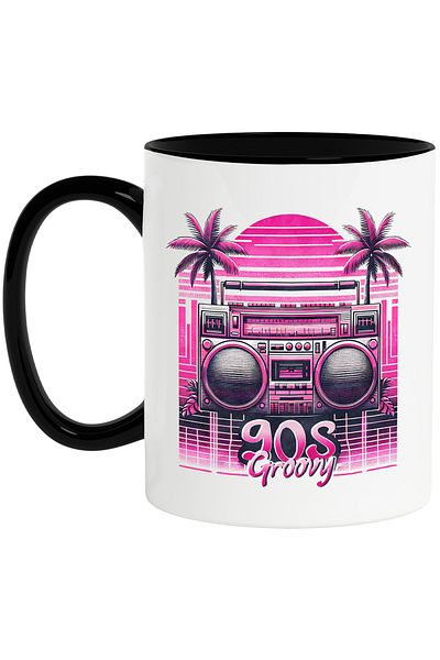 StoryGift Romania Mug with the message "90s groovy", illustration, retro style, old, cool, cassette player, p, With ,STG