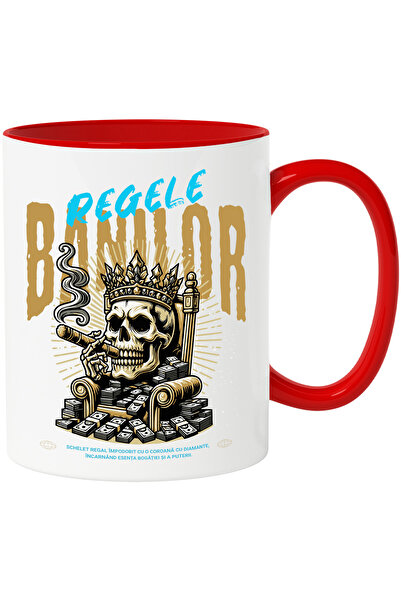 StoryGift Romania Cana Regele Banilor - Schelet Cu Coroana, 330ml, Ceramic Cu Maner Rosu, Cu Maner Rosu,stg