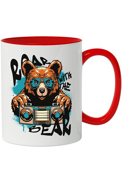 StoryGift Romania Mug With Message In English Roar With The Bear, bear, cassette player, music, multicolor, with handle