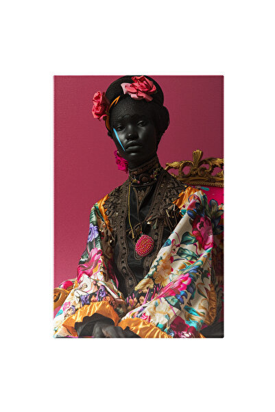 StoryGift Romania Tablou Canvas Negresa Cu Trandafiri In Par Pe Un Tron Roz I...