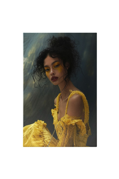 StoryGift Romania Tablou Canvas: Femei Cu Par Ciufulit Prins In Coc Si Rochie Galbena Asortata Cu Machiajul Ochi