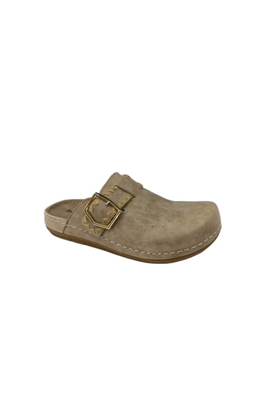 BENTO 41012 Beige Women's Front-Closed Daily Leather Anatomical Slippers
