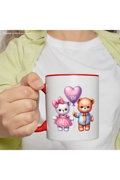 StoryGift Romania Mug with a teddy bear and a bear | illustration | purple balloon with the message "I love you" | , With ,STG