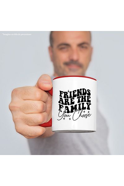 StoryGift Romania Mug with the message "Friends are the family you choose" with Red Handle, Cu Mane, STG