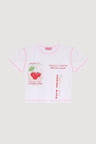 Quzu Tricou crop cu mânecă scurtă cu imprimeu cireșe alb