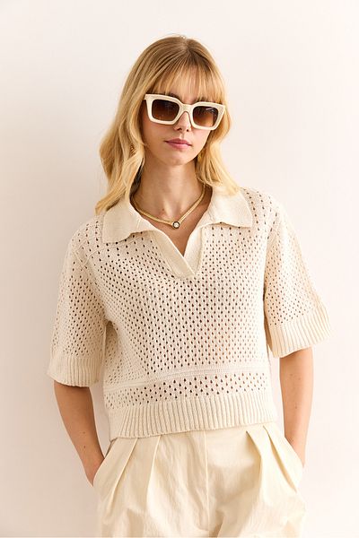 Olalook Women's Stone Polo Neck Openwork Cotton Content Knitwear Blouse Blz-19002986
